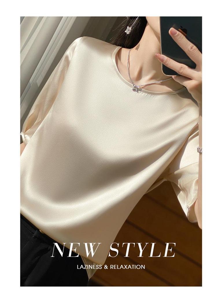 Satin Round Neck Half-Sleeve Loose T-Shirt for Women