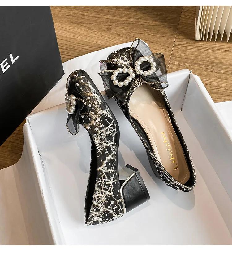 Spring New Shoes for Women Luxury Pumps Beautiful Bowknot High Heel Shoes Ladies Pearl Chain Dress Shoes