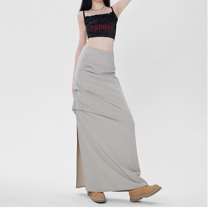 Elegant Skirt Women Sexy Slim Side Slit Pleated Mid-length Hip Skirt Y2k Vintage Fashion Bottoms Female Clothes Streetwear