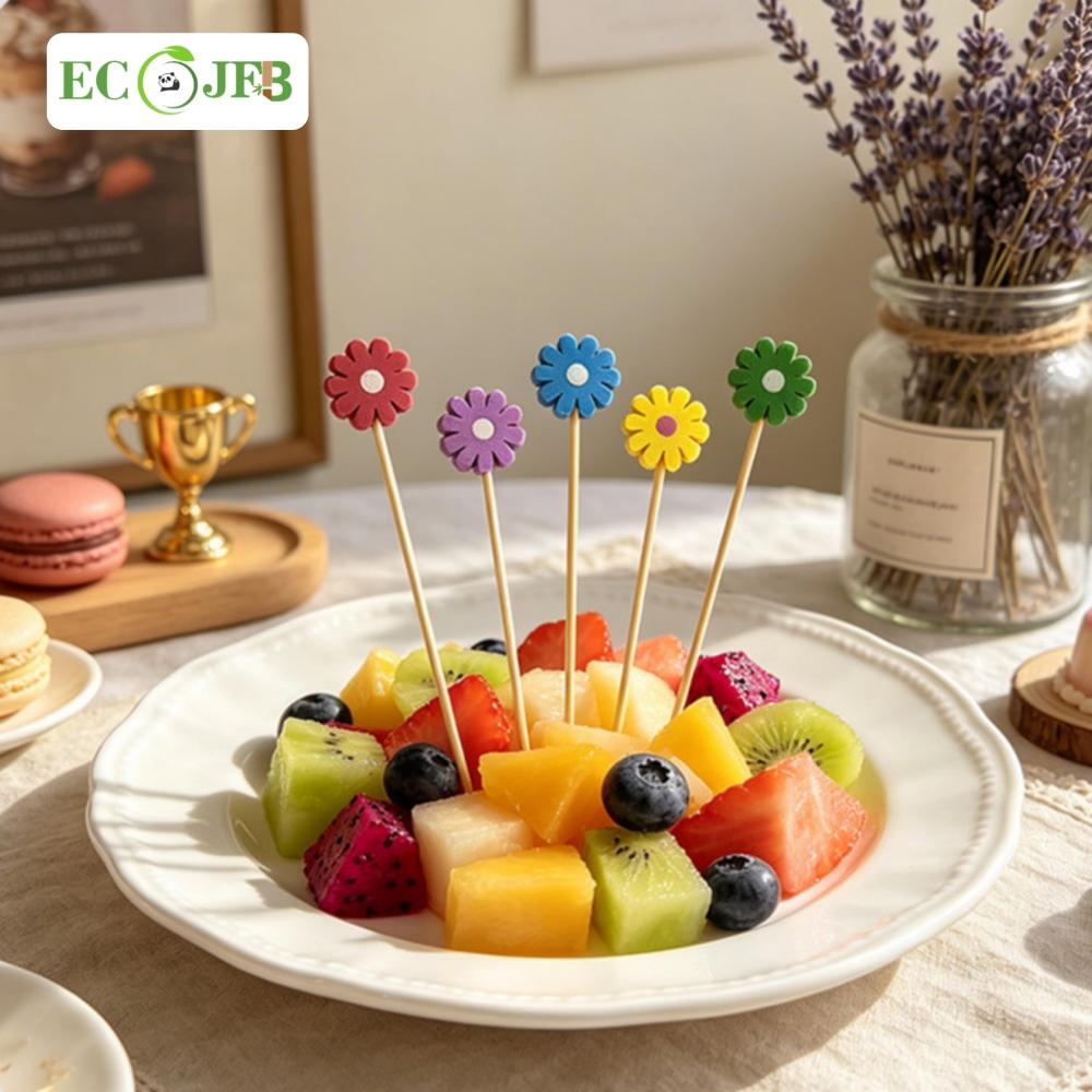 Custom 4.7 Inch Bamboo Flower Picks Colorful Daisy Food Toppers Private Label Retail Packaging Importer  Supply