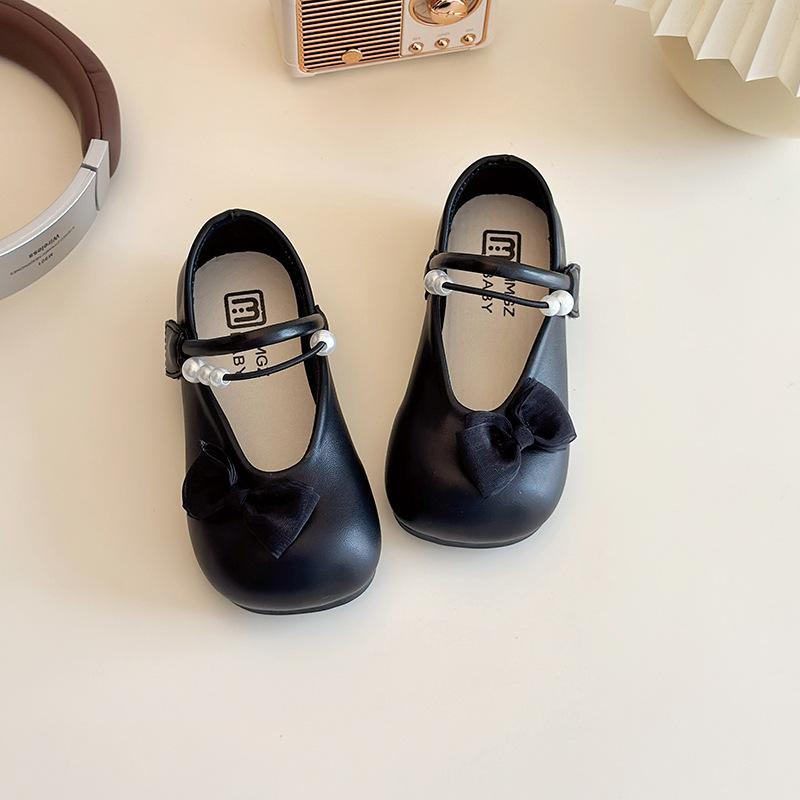Girls Bow Pearl Decor Single Strap Soft Sole Elegant Mary Jane Flats 21 чёрный