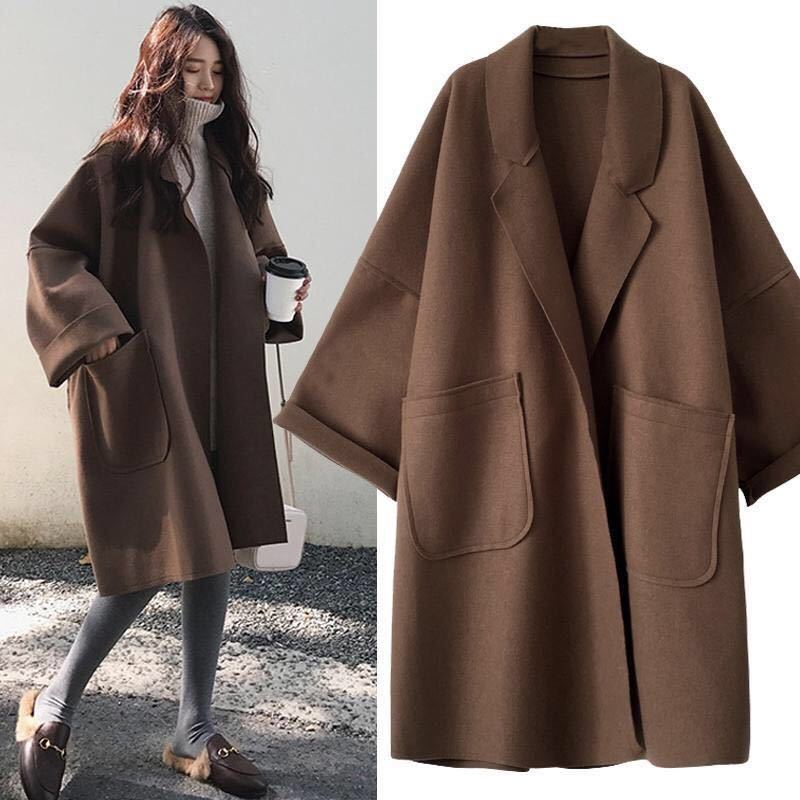 Cappotto di lana autunnale e invernale per donna Giacca invernale da donna vintage Giacca a vento di media lunghezza Collo rovesciato largo Cardigan taglie forti
