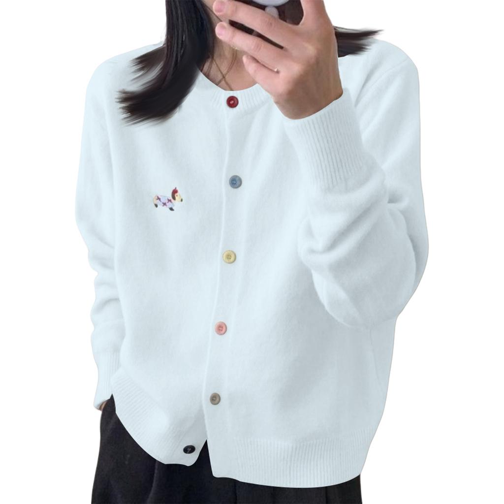 Women's Colorful Buttons Unique Design Dachshund Embroidered Round Neck Versatile Cardigan Knitted