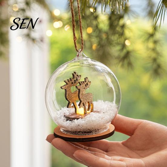 Winterwunderland Szene Requisiten Beleuchteter Weihnachtskugel Schmuck, LED Schnee Warmes Licht Anhänger Hängende Kugel mit Rentierhütte für Baum