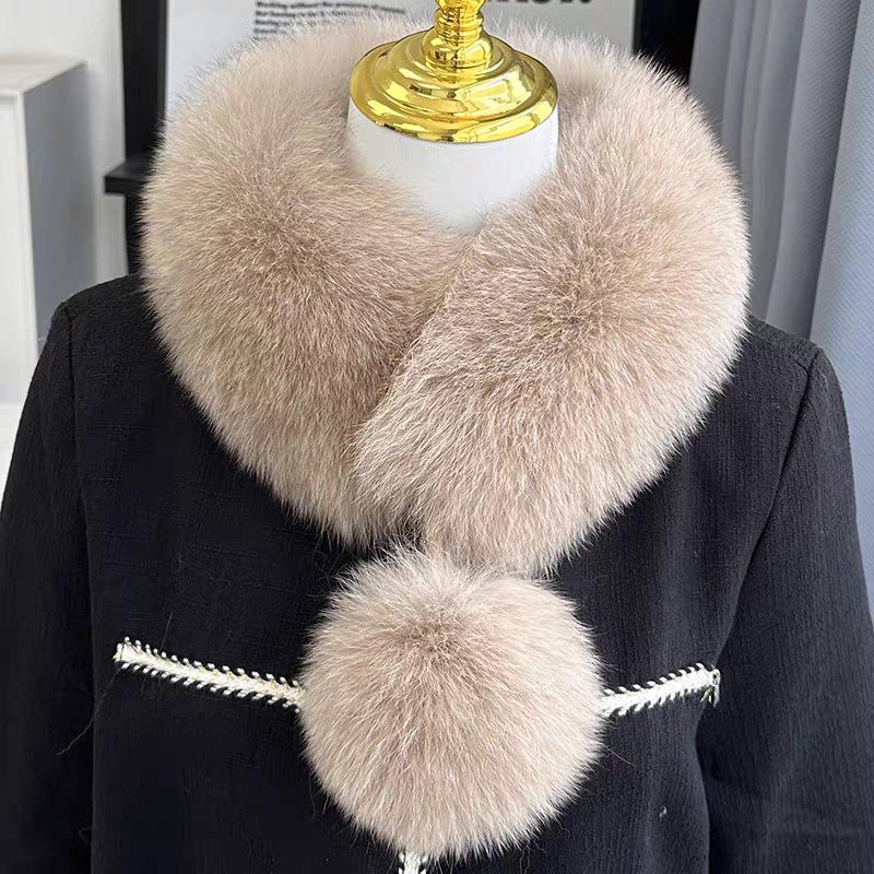 Damen Schal im Koreanischen Stil aus Echter Fuchsfell mit Großem Bommel und Magnetischem Verschluss - Beidseitig, Vielseitiger Nackenschutz für Herbst und Winter