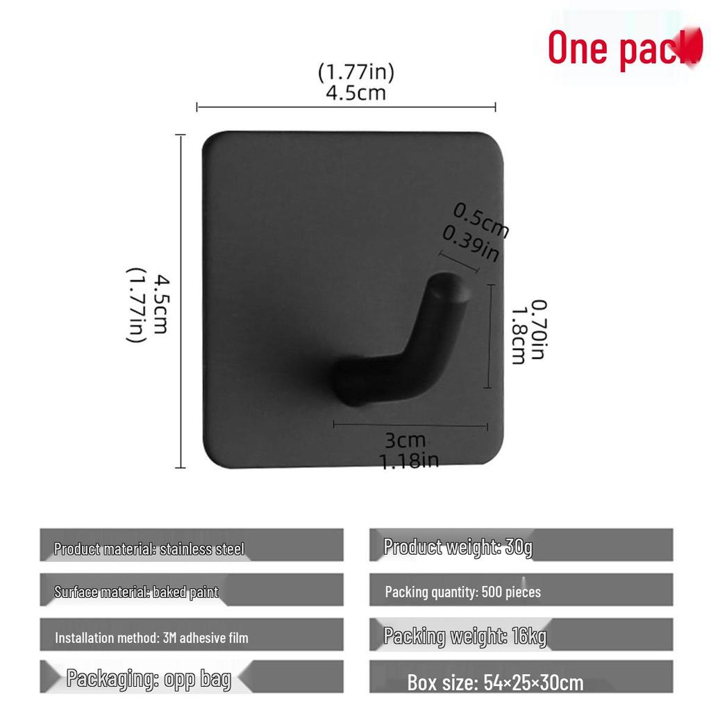 Stainless Steel No-Drill Adhesive Hook for Bathroom/Kitchen – Black