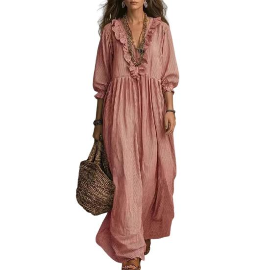 Women Summer Long Dress 46085 Sleeve Ruffle V Neck Maxi Dress Casual Loose M