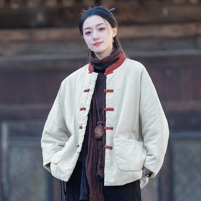 Johnature Chiński Styl Patchwork Kolor Zima dla Kobiet Stójka Guzik Ciepłe Płaszcze Kieszenie Płaszcze