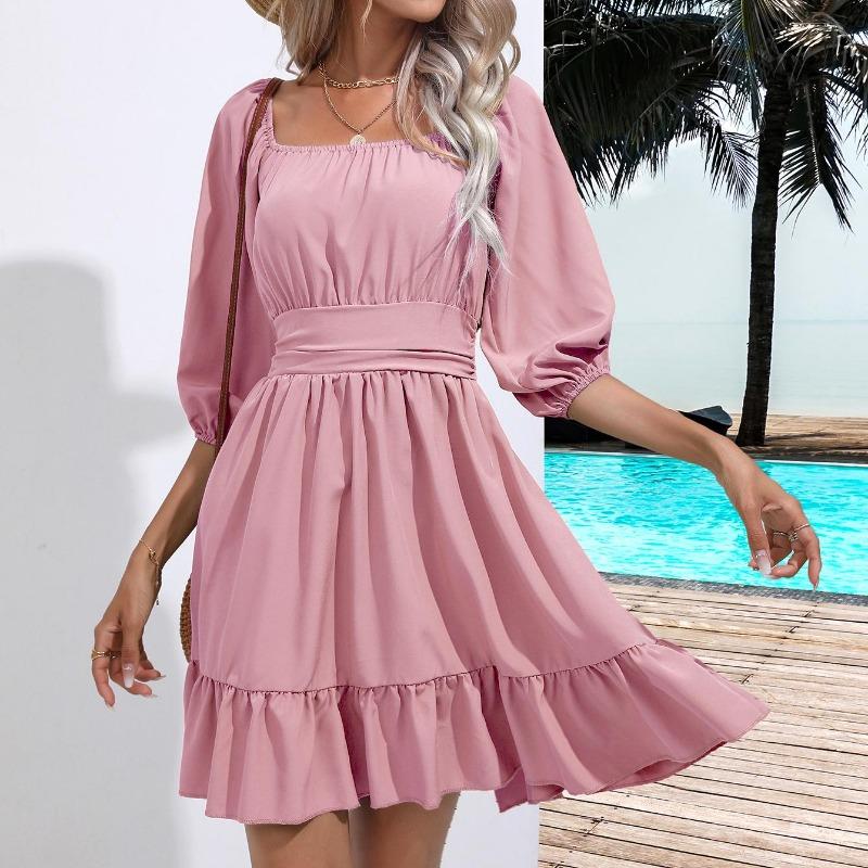 Letní Dámské Šaty Čtvercový límec České volánky Pružný pas nad kolena Minišaty Polorukávy Pulovr Mujer Vestidos