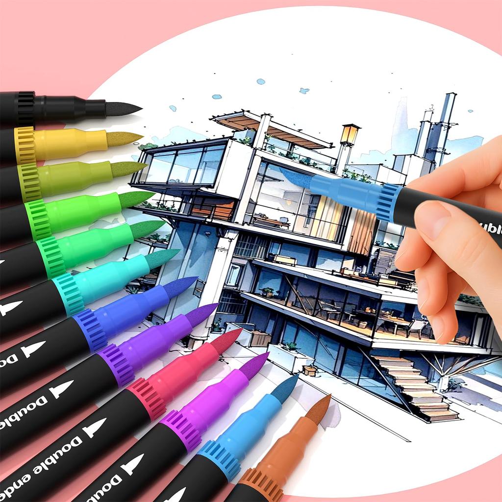 12-60 Colors Double Headed Art Drawing Notebook Pen Painting Pen Color Marker Pen Brush Tip 1-2mm Fine Tip Calligraphy Painting