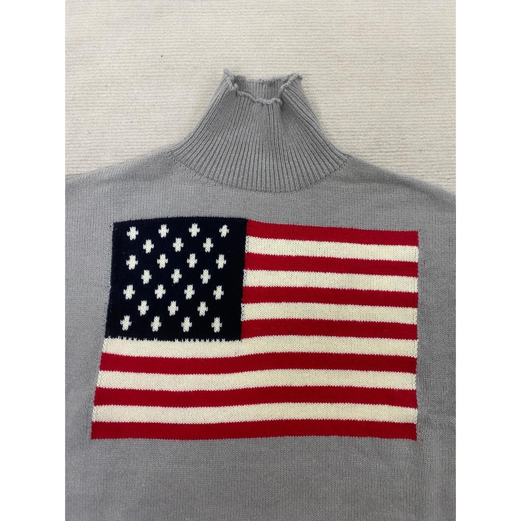 STREETRICH European and American Autumn and Winter Design Sense Flag Print Knit Sweater Casual Loose Round Neck Pullover Sweater