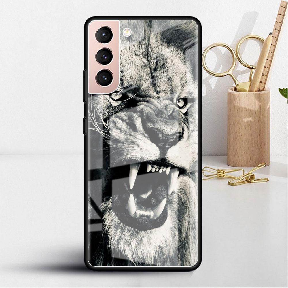 Glass Case For Samsung Galaxy S22 S20 FE S21 Plus Phone Cover S10 5G S9 Note 20 Ultra 10 Lite Shell Wolf Lion Animal
