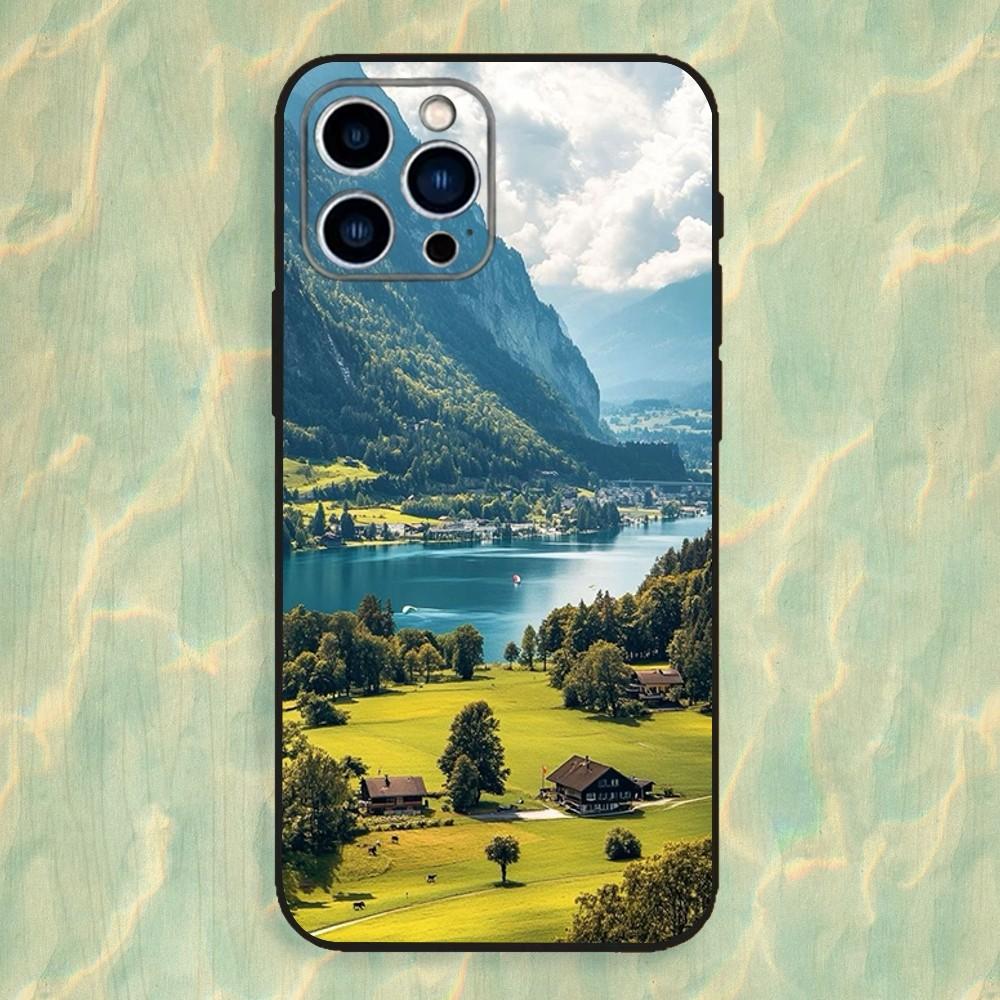 Mountains landscape Travel Phone Case For iPhone 16,15,14,13,12,11 Plus,Pro Max,XS,X,XR,SE,Mini,8,7,Soft Silicone Black Cover