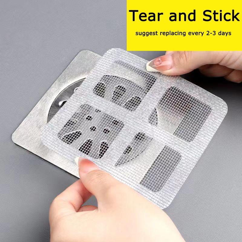 WTEMPO 50PCS 10*10CM Disposable Floor Drain Stickers Bathroom Hair Anti Clogging Filter Mesh Stickers, Shower Floor Drain Square Mesh Cover