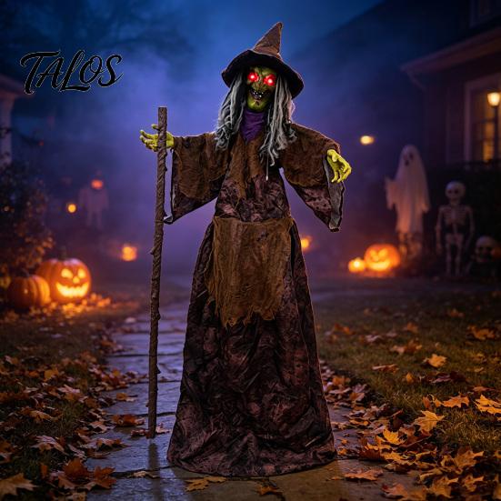 Decorazione Portatile Pieghevole per le Feste Halloween Animatronici Spaventosi Decorazione Strega, In Piedi Attivata dal Suono con Voce Spaventosa per Giardino Esterno, Horror