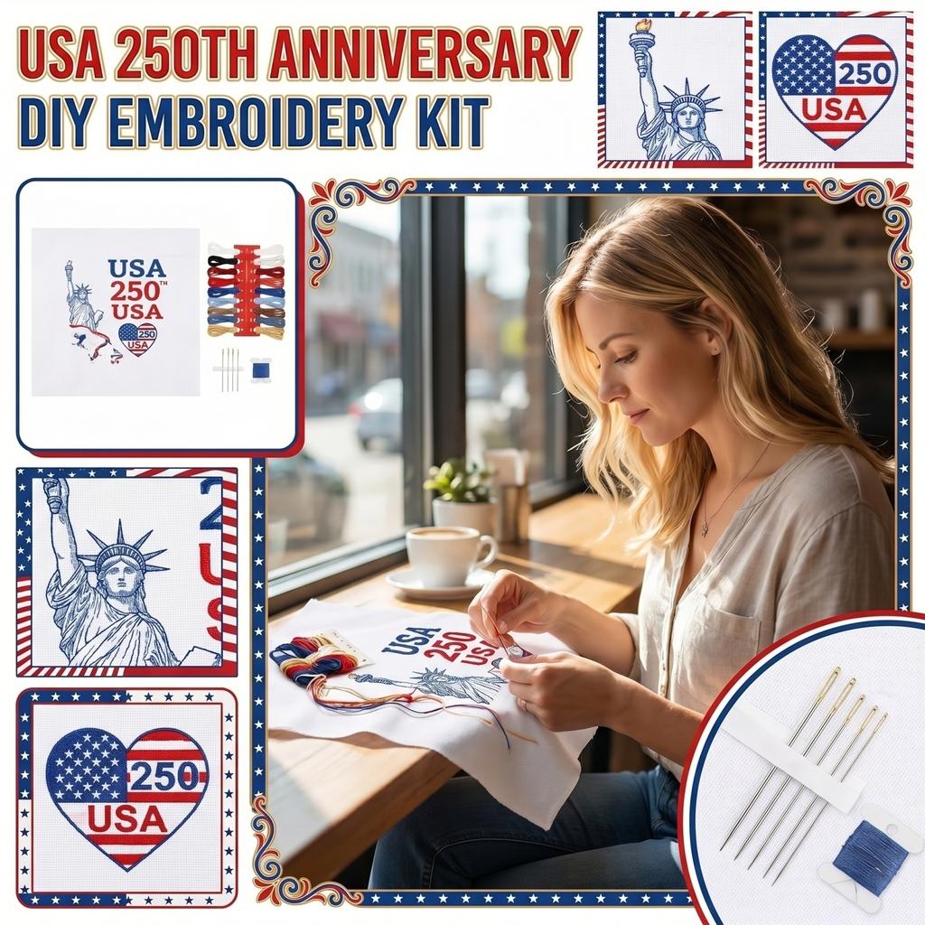 USA 250 Years Freedom Embroidery Kit with Preprinted Fabric Thread Needles and Pattern for Craft Projects