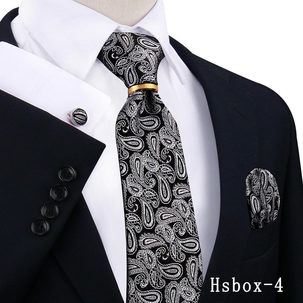 Men's Tie, Pocket Square, and Cufflinks 4-Piece Set - Cashew Flower Design, High-End Feel, 8cm Tie