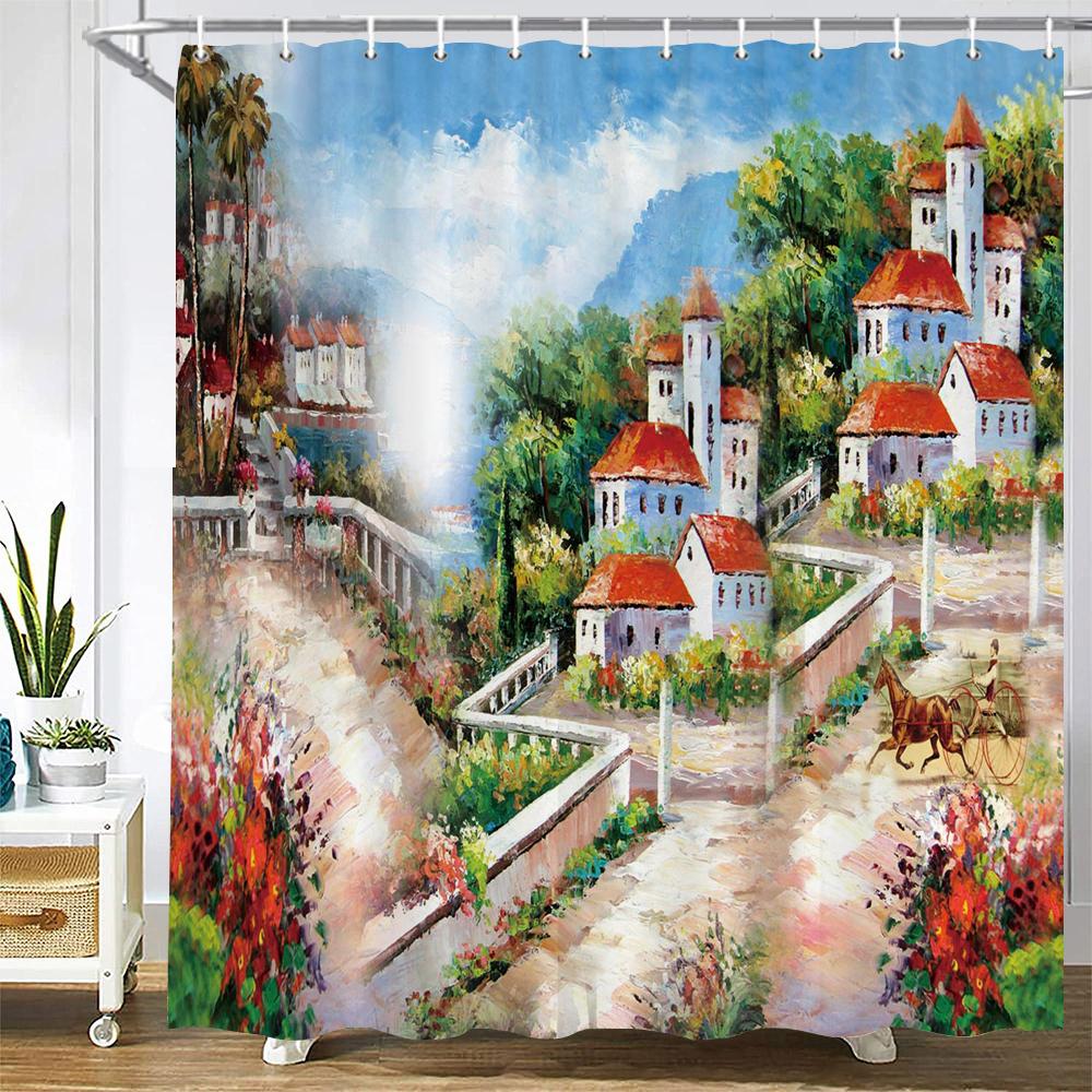 Natural landscape Shower Curtain Decor Waterproof Fabric Bathroom Curtains Painting Forest Seaside Scenery Bath Screen with Hook