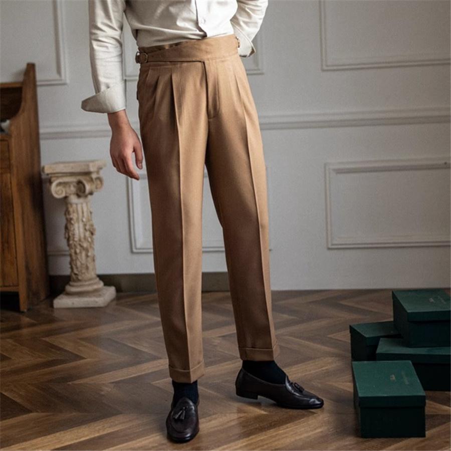 Men Suit Trousers Spring Autumn Trendy Belt High Waist Pants Male Business Office Pleated Straight Pants Streetwear