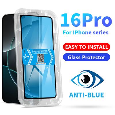 For iPhone 16 15 14 13 11 12 Pro Max X XS XR Easy Install Kit Full Anti Blue Ray Tempered Glass Screen Protector