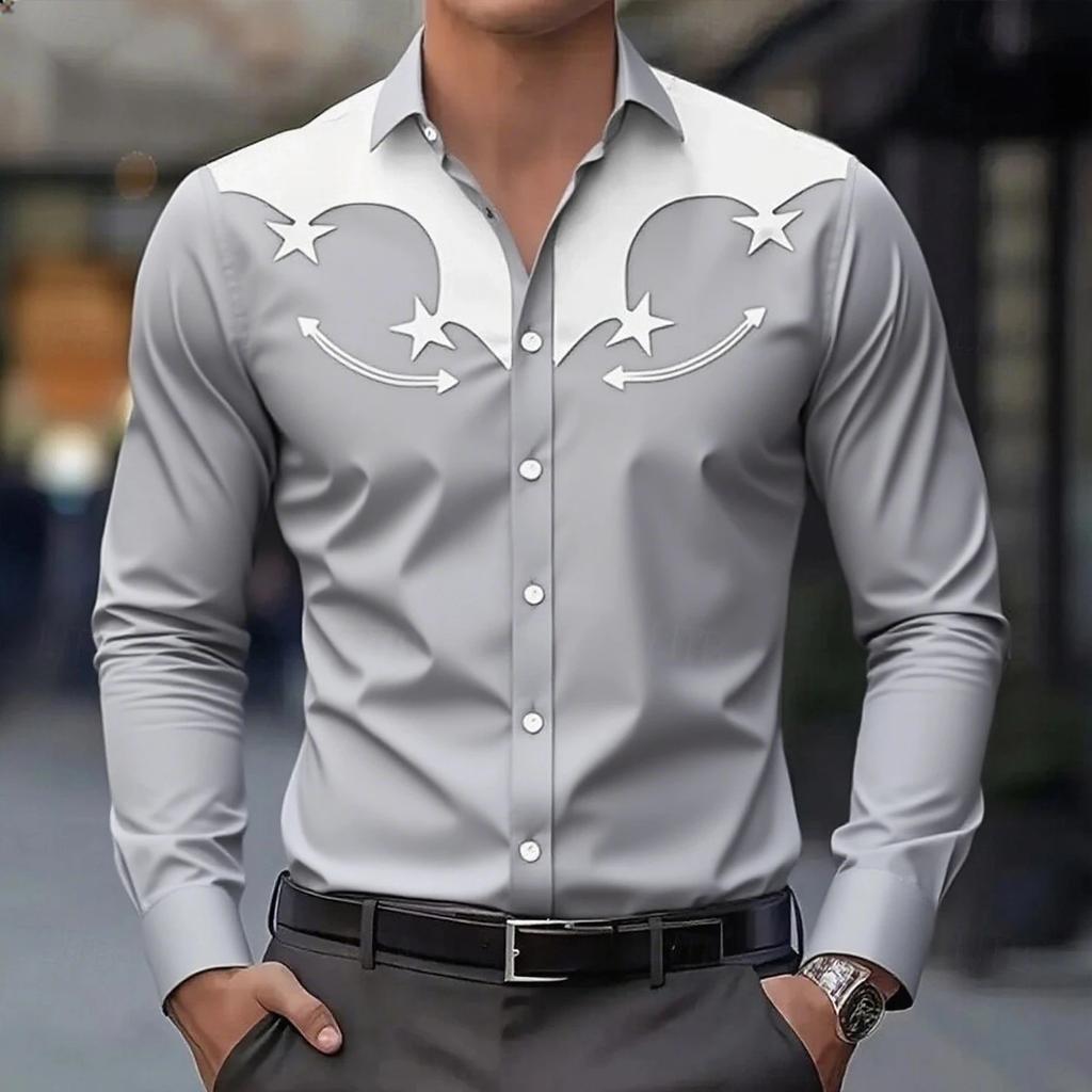 Western Style Men's Long Sleeve Shirt, Star Arrow Print, Fashionable Casual Top