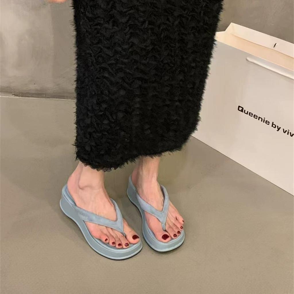 Wedge Heel High Heel Silver Pinch Flip-flop Shoes Women's Shoes Outer Wear 2025 Summer Platform Heightening Shoes Sandals