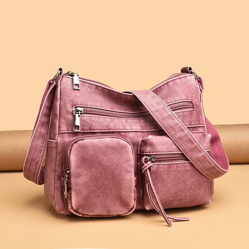 New women's bag retro fashion faded soft leather shoulder bag trendy multi-pocket large-capacity messenger bag