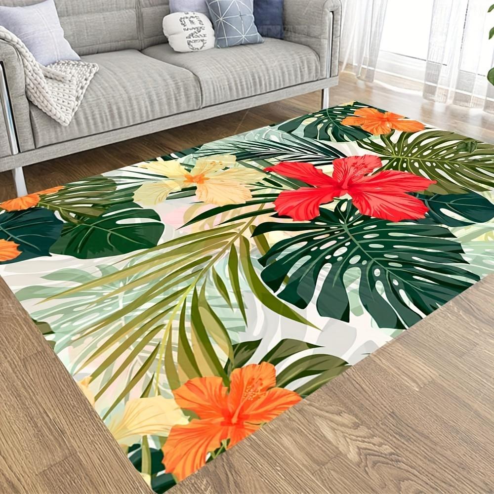 1pc Comfortable Crystal Velvet Rug][Machine Washable] Tropical Leaf And Hibiscus Flower Mat - Vibrant