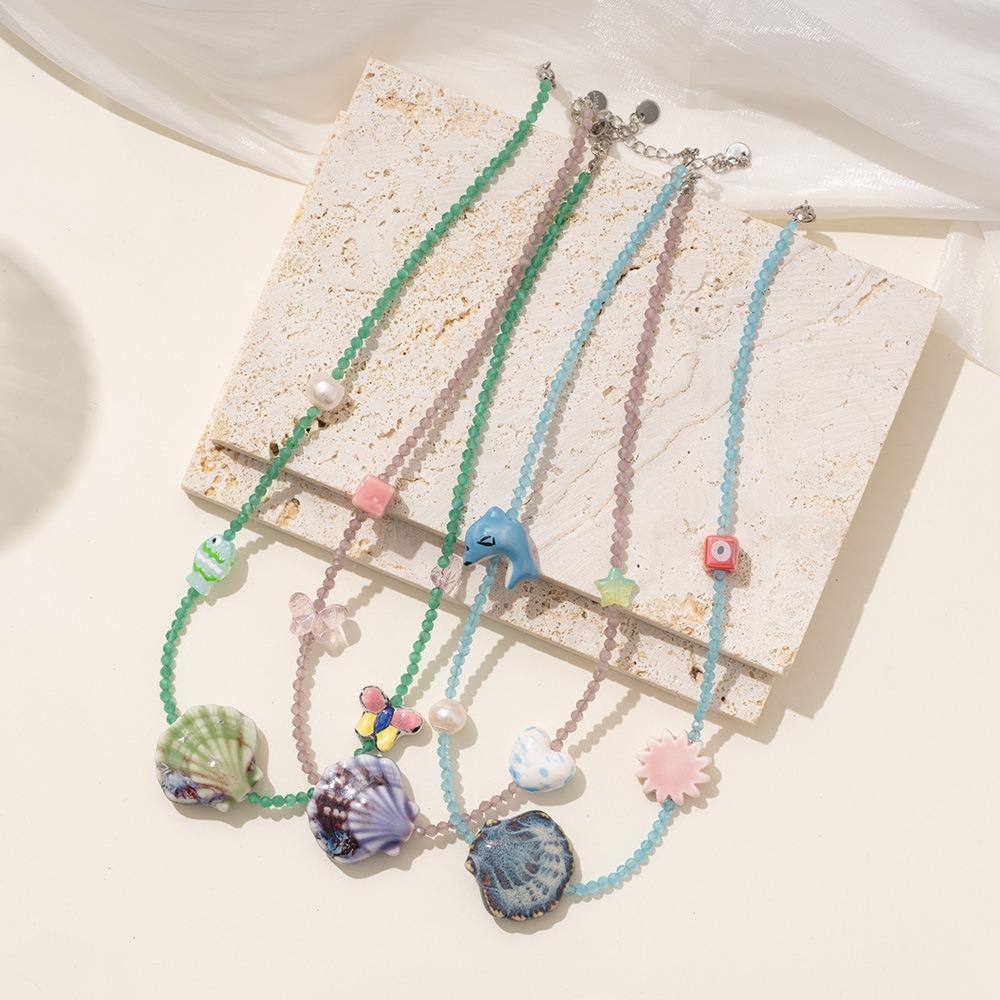

Pearl Conch Shell Necklace Crystal Bohemia Beads Chain Choker Shell Pendant Necklace Vacation Style F