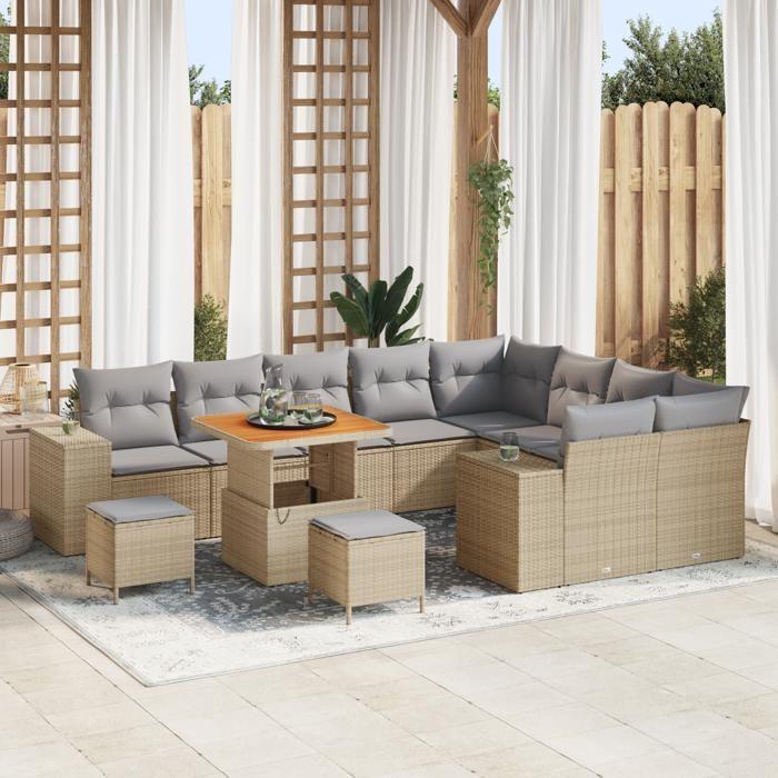 Ensemble de Canapés de Jardin vidaXL 12 Pièces avec Coussins en Rotin Synthétique Beige, Ensemble de Salle à Manger 3363992