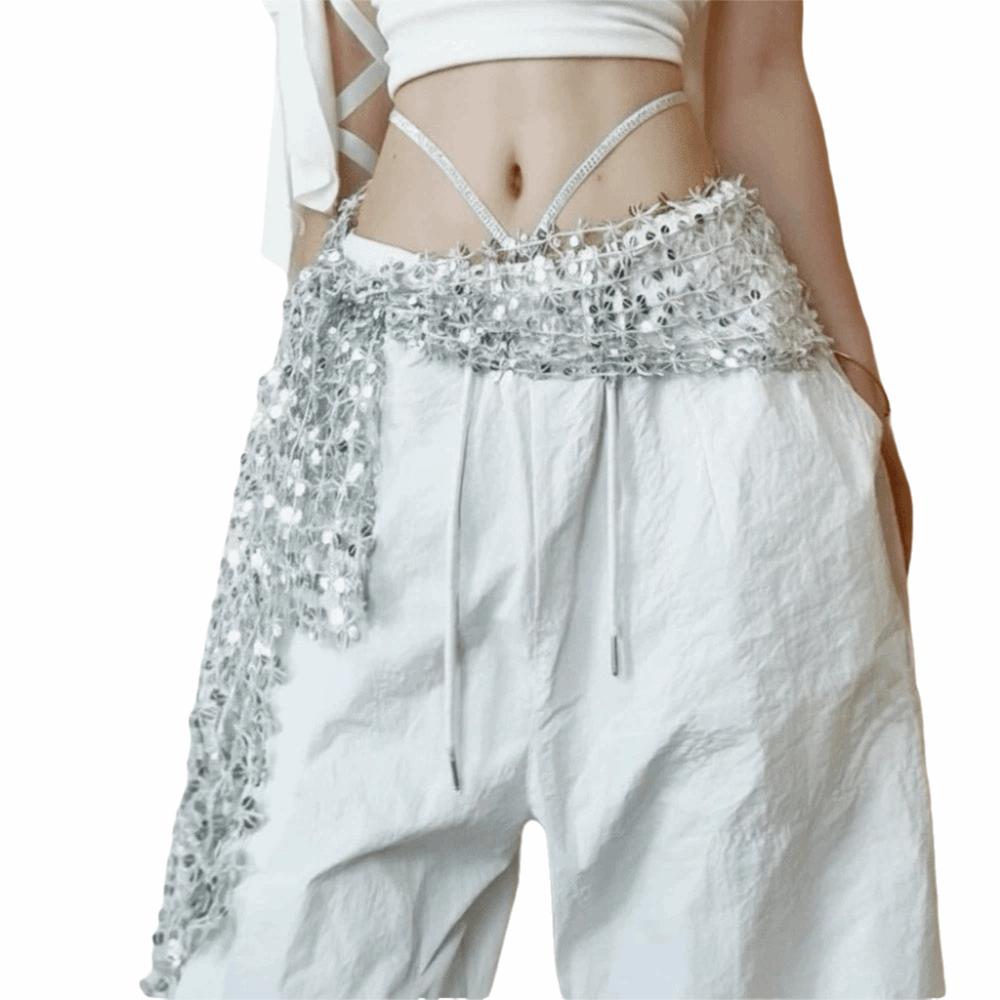 Shiny Sequin Women s Waist Scarf Handmade Sequin Waist Chain Festival Glitter Hip Scarf Party Wear серебряный