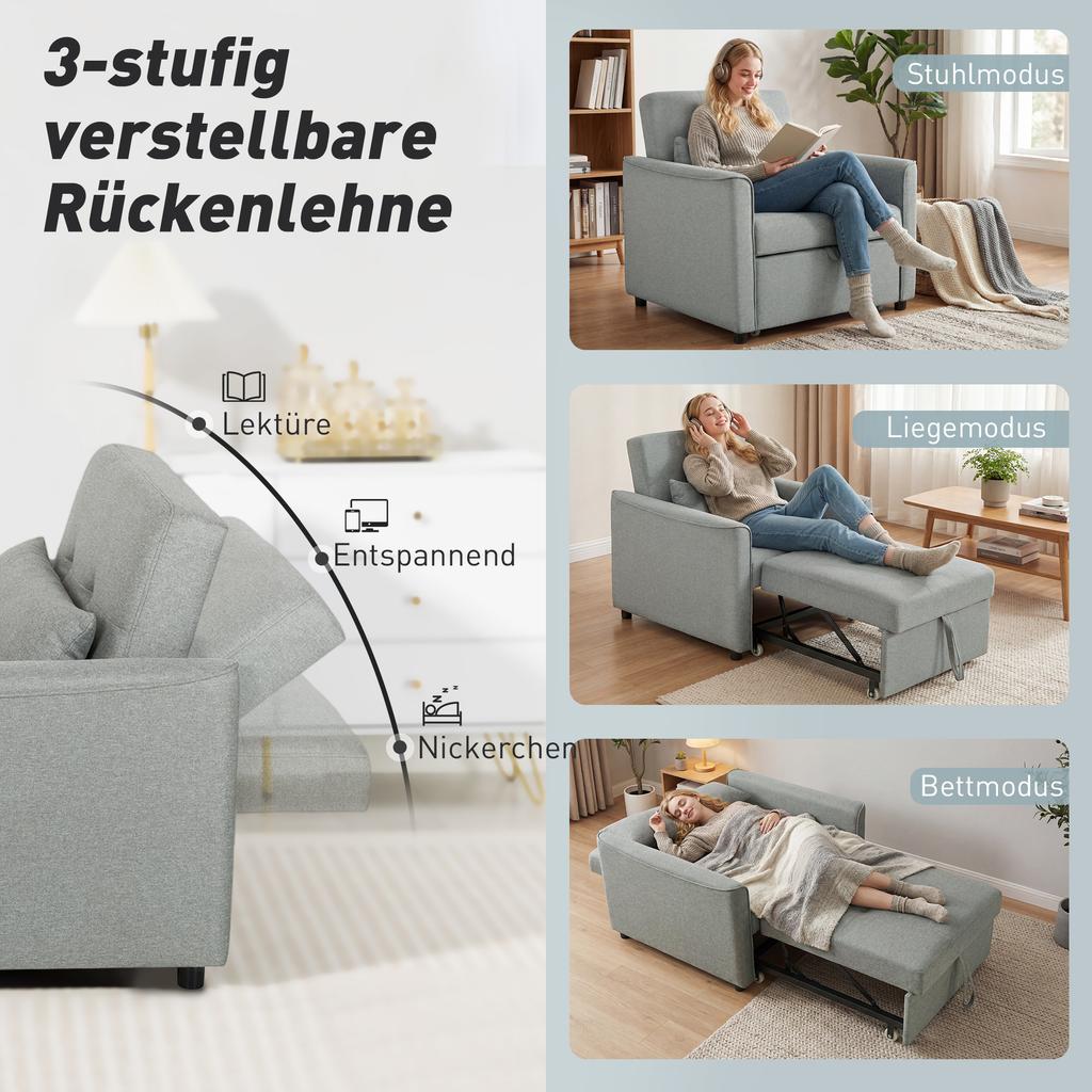 3-in-1 Sleeper Chair, Pull-Out Sofa Bed Chair with Adjustable Backrest, Grey