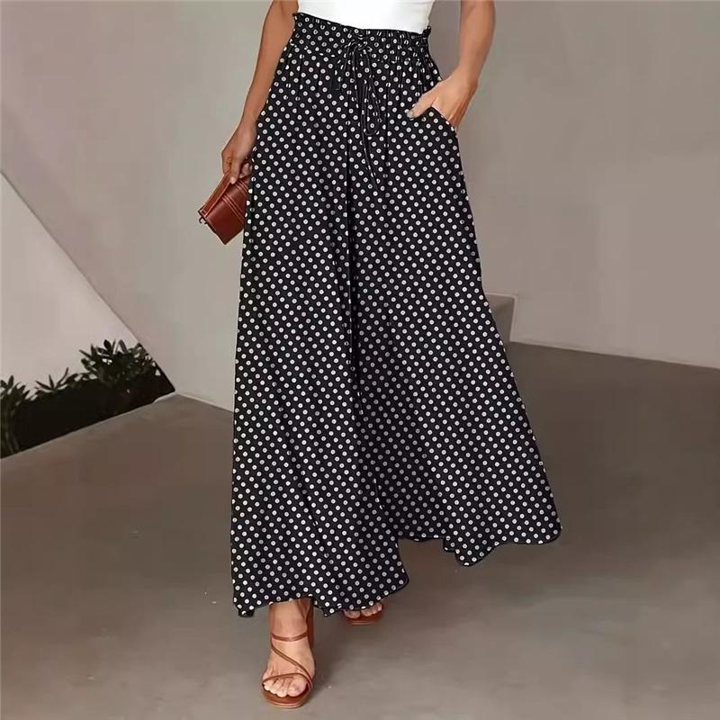 Spring And Summer Bohemian Wide-leg Pants, Elastic Waist And Polka Dot Printed Long Skirt Pants, Very Suitable For Casual Summer
