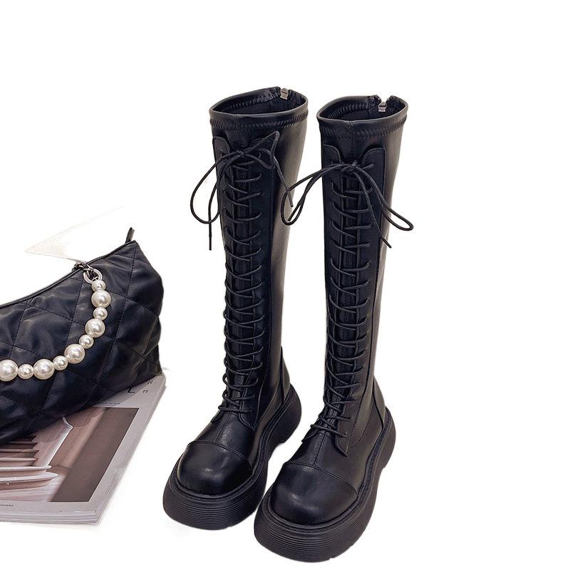 Stövlar Damstövlar Nytt på hösten och vintern Vita Plattformstövlar Fleece Snörning Höga Martin-stövlar