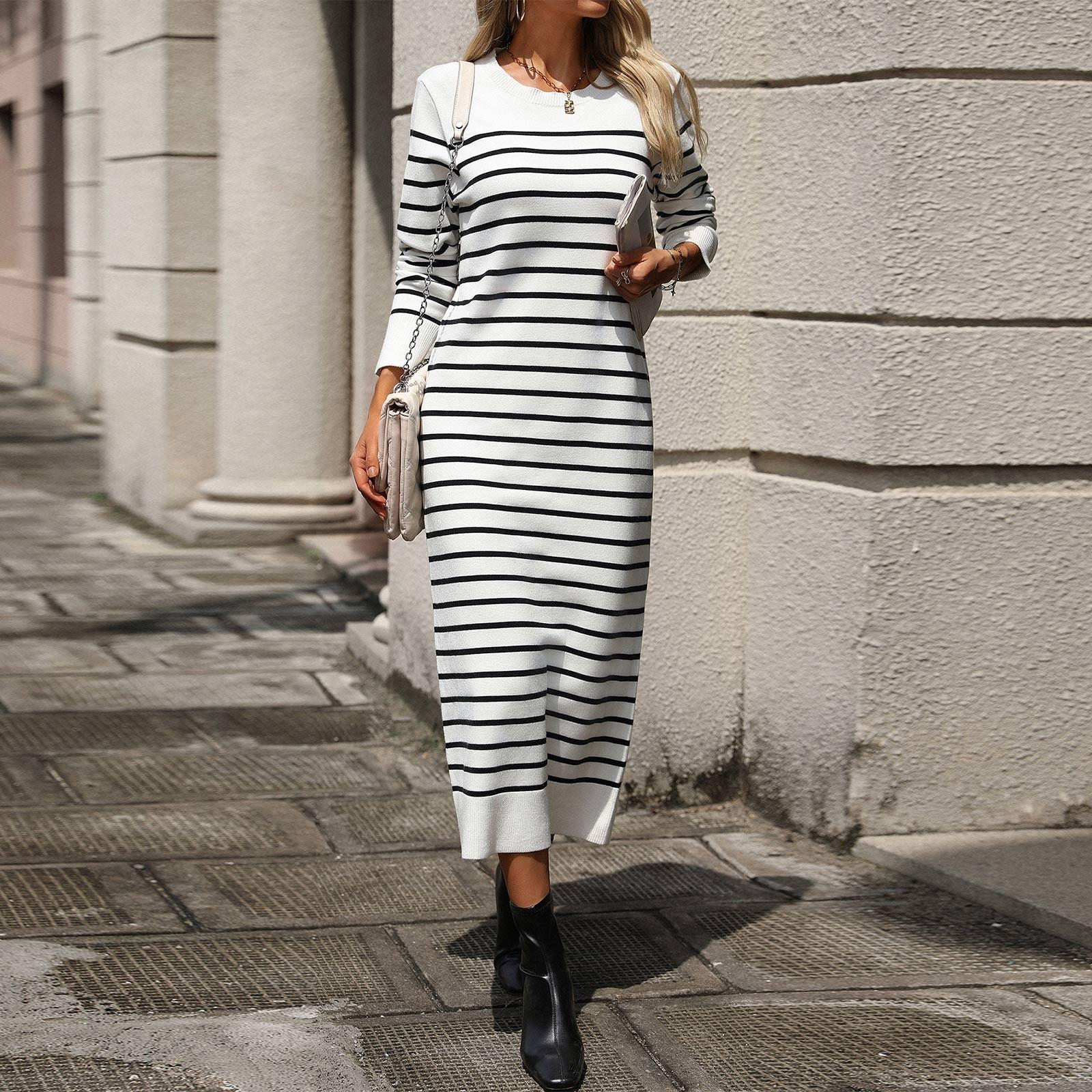 

Женская мода, новый приталенный цветной свитер, полосатая длинная юбка, модное осеннее и зимнее платье XL белый