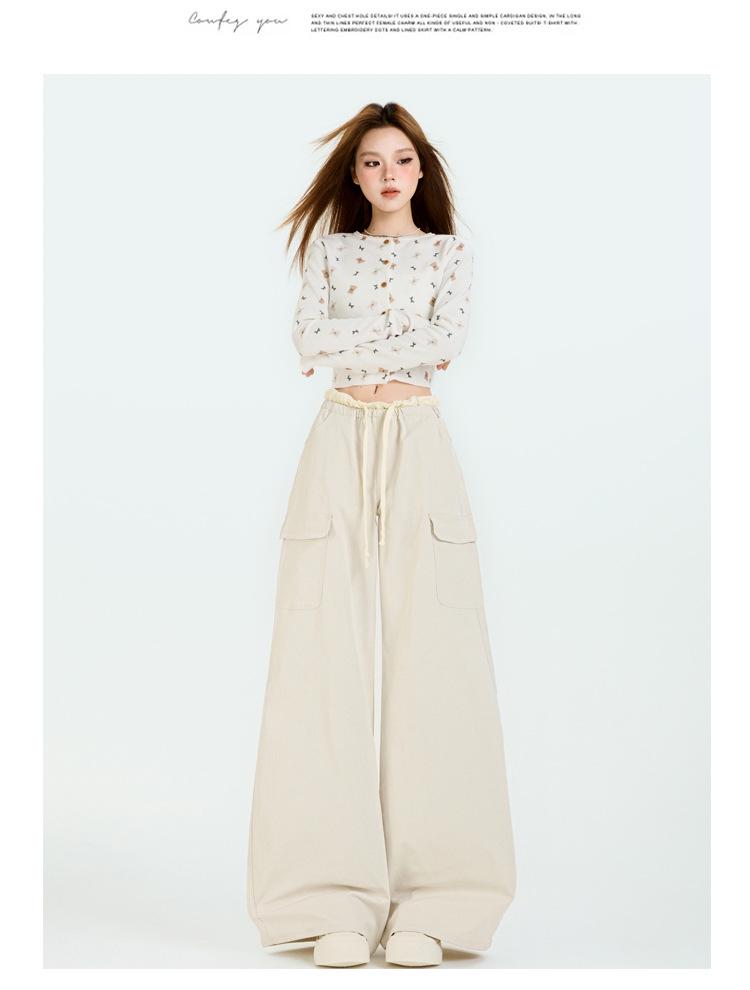Damen Sommer Grüne Cargohose - Amerikanischer Stil, Elastischer Bund, Kordelzug, Mehrere Taschen, Lässiges Weites Bein Design
