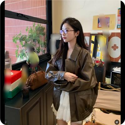 Retro Coffee Color Lapel Pu Leather Jacket Women's Autumn and Winter High-end Loose Mid-length Jacket Top