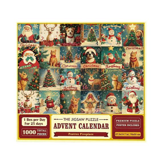 1000Pcs/Set Christmas Jigsaw Puzzle Advent Puzzle 2025 24 Days Educational Puzzle Xmas Countdown Calendar Decoration Holiday Party Gift