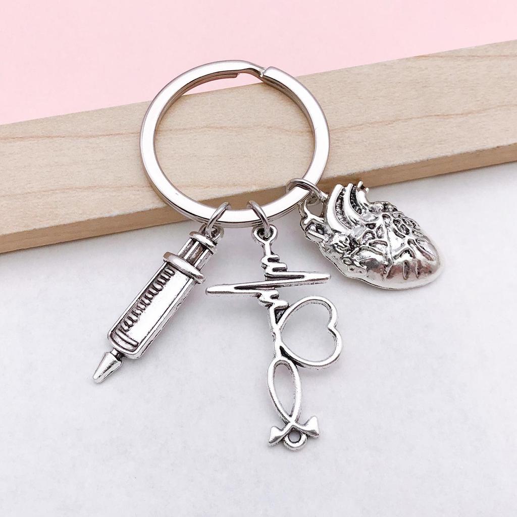 Cross-Border Nurse Tools Keychain with Syringe, Stethoscope, Heart & ECG Pendants