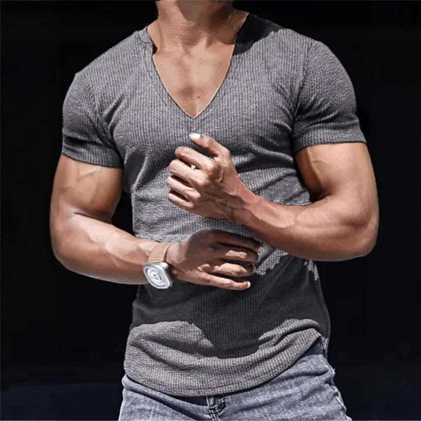 Men s White Waffle Knit Deep V Neck Short Sleeve T Shirt Curved Hem Slim Fit Casual Basic Top S серый