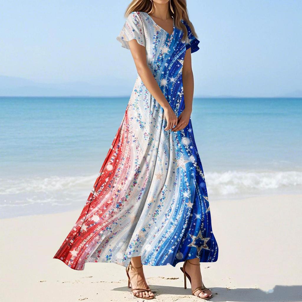 Dámské letní ležérní módní šaty s barevným potiskem Šaty s krátkým rukávem s výstřihem do V