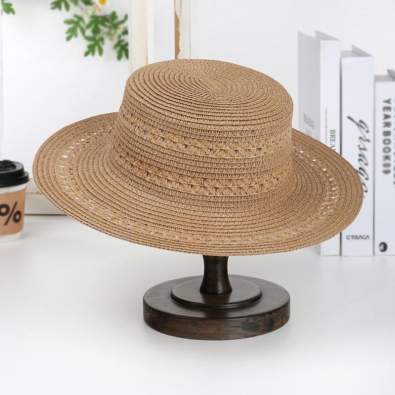 

French Style Flat Top Straw Hat for Women Wide Brim Breathable Summer Sun Hat Elegant Beach Panama Hat Adult (52-56CM) хаки