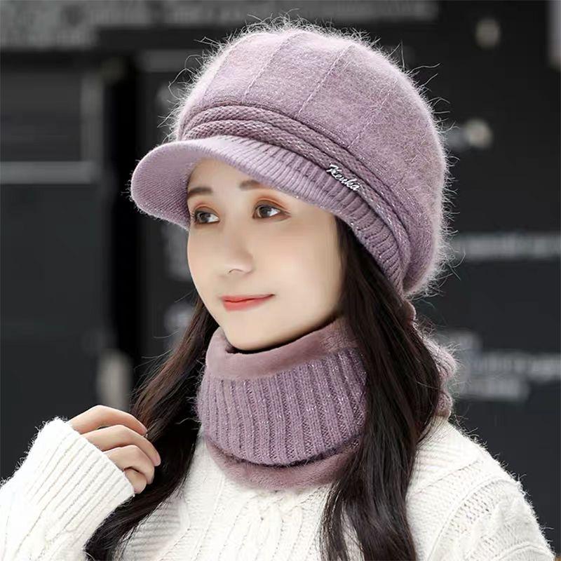 Strickmütze Damen Vielseitige Mütze Schal Zweiteiliges Set Winter Geeignet für großes Gesicht Warm und Samt Mutterhut