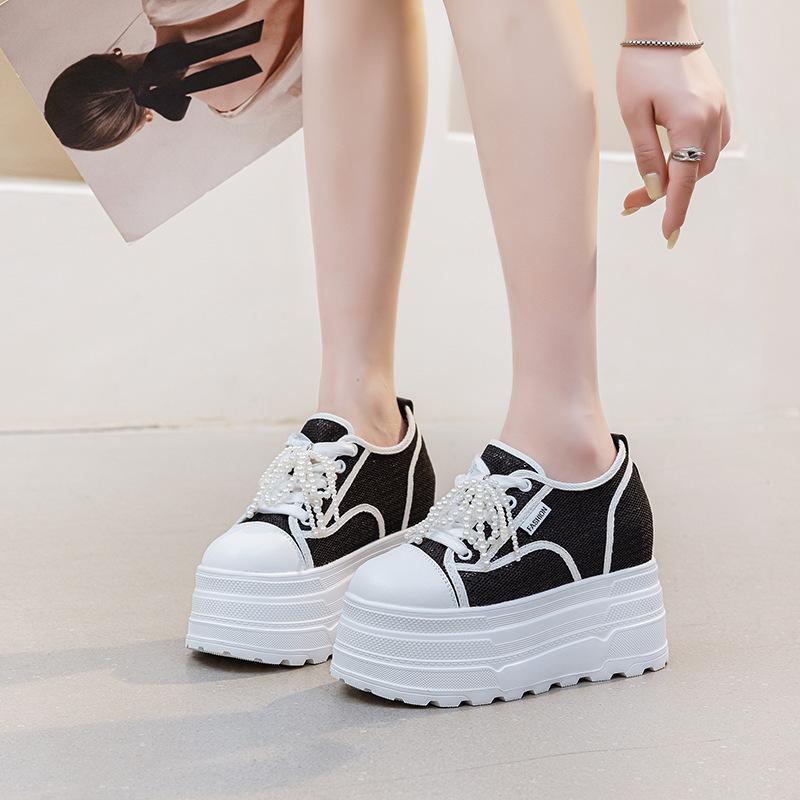 

Супер высокие каблуки шнуровка сетка дышащие повседневные туфли, новый бисер круглый носок однотонный простой тренд летом 2025 39 чёрный