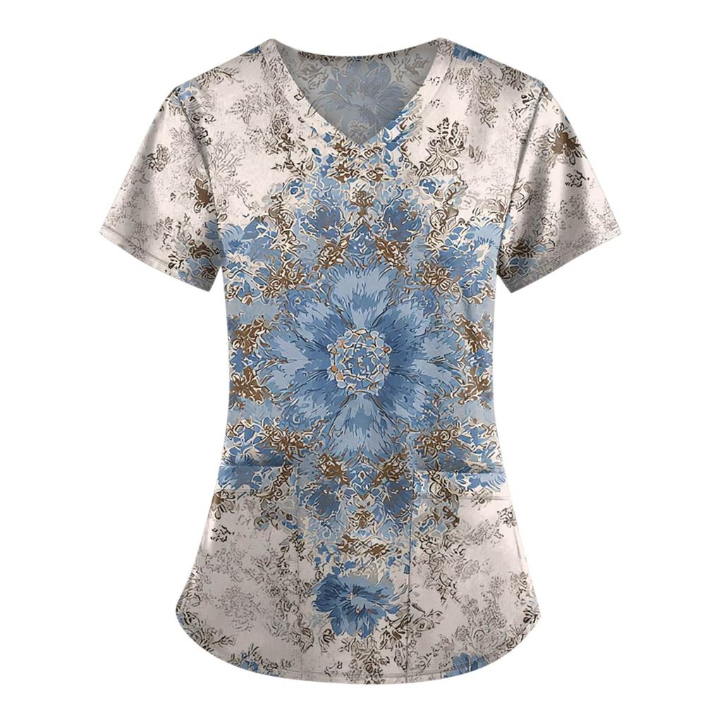 Pracovní uniforma s potiskem nadměrných velikostí pro ženy Potisk s výstřihem do V Krátký rukáv Zábavná trička Pracovní oblečení Tričko s kapsami