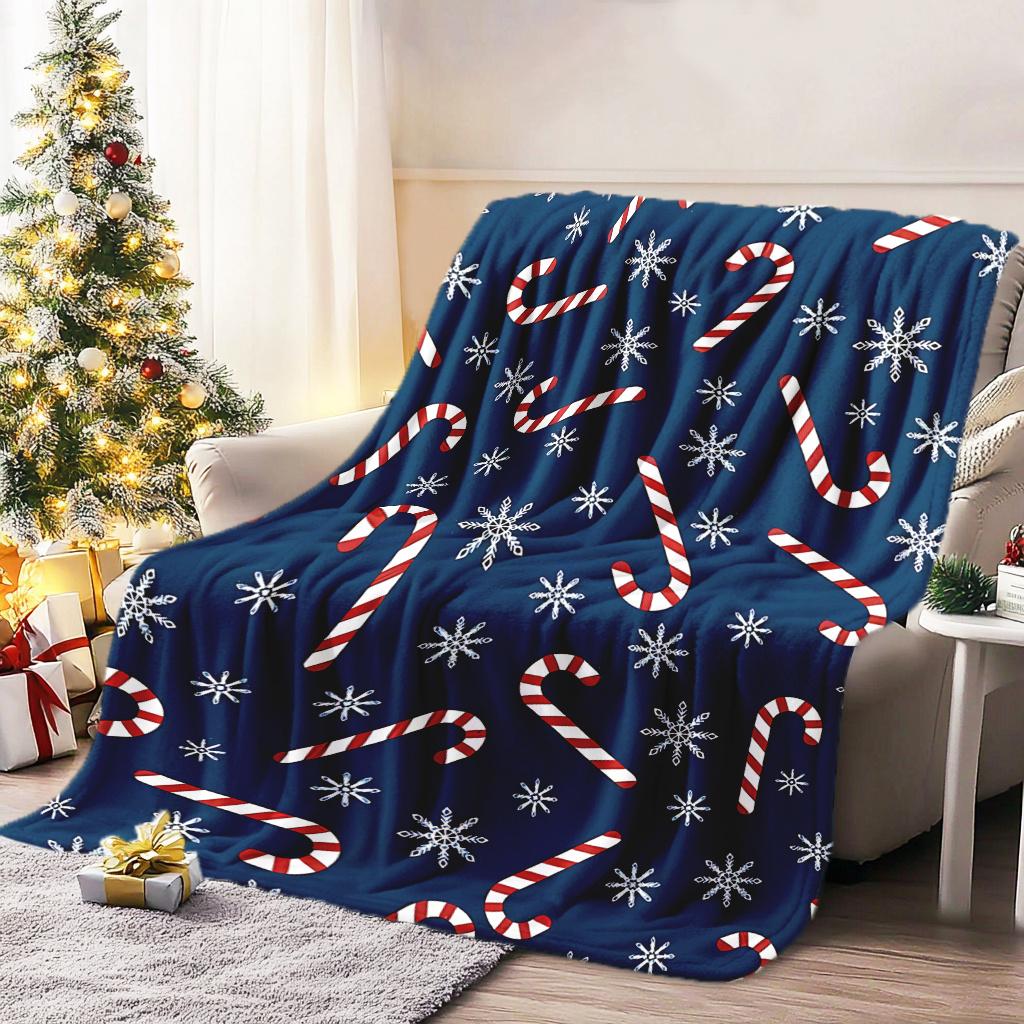 Christmas Candy Cane Snowflakes Print Throw Blanket - Festive Holiday Pattern Soft Lightweight Accent for Sofa Bed Travel
