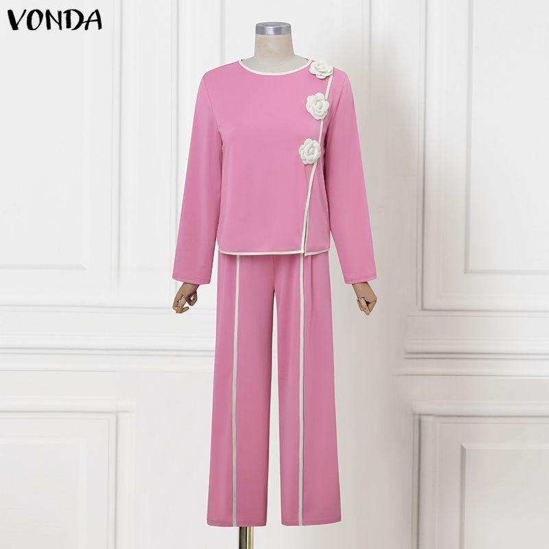 VONDA Two Piece Suit Women Retro Long Sleeve Splicing Blouse and Pants Casual Office Sets