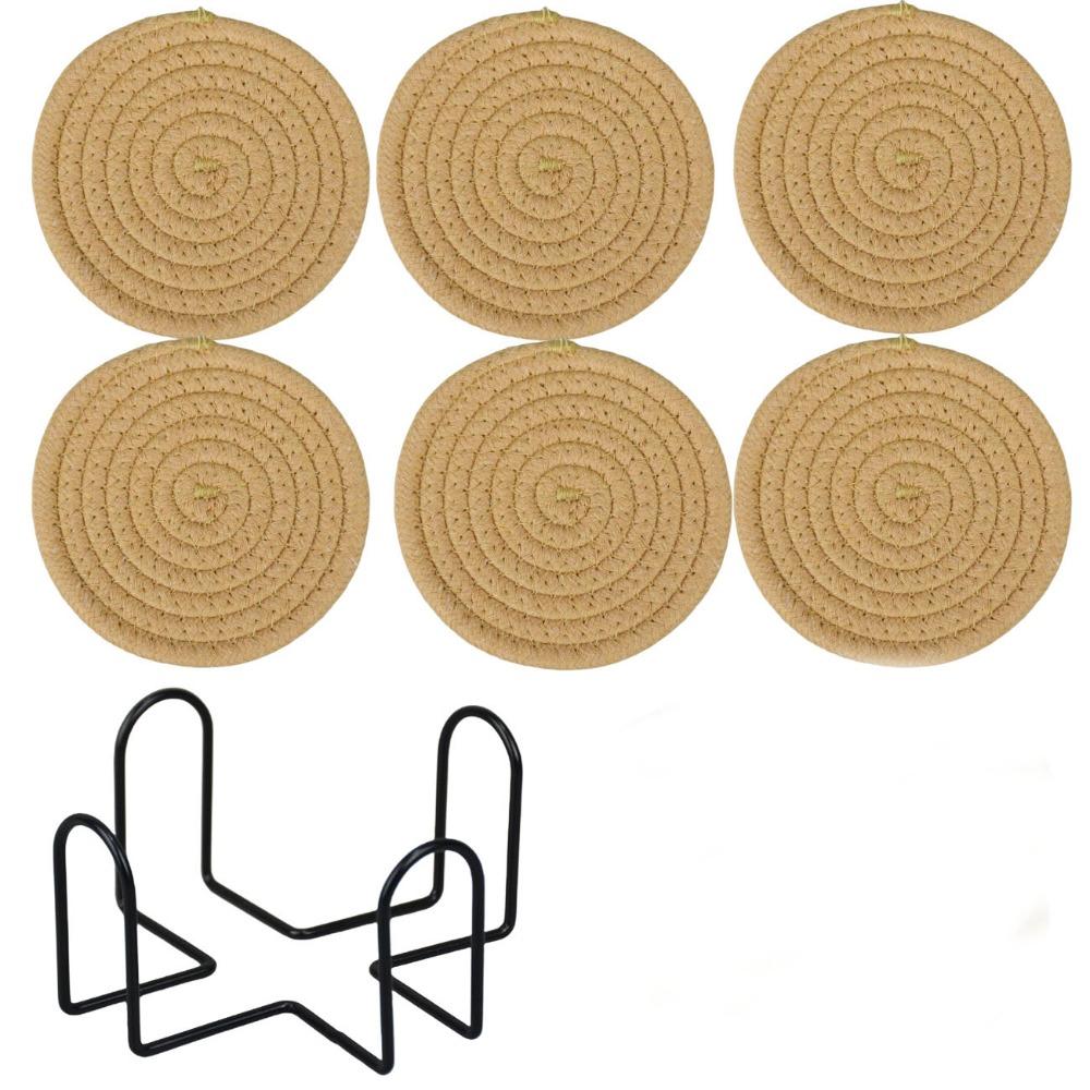 6Pcs Heat-resistant Woven Round  Coaster Set with Holder Tableware Mat Cup Coaster  Household