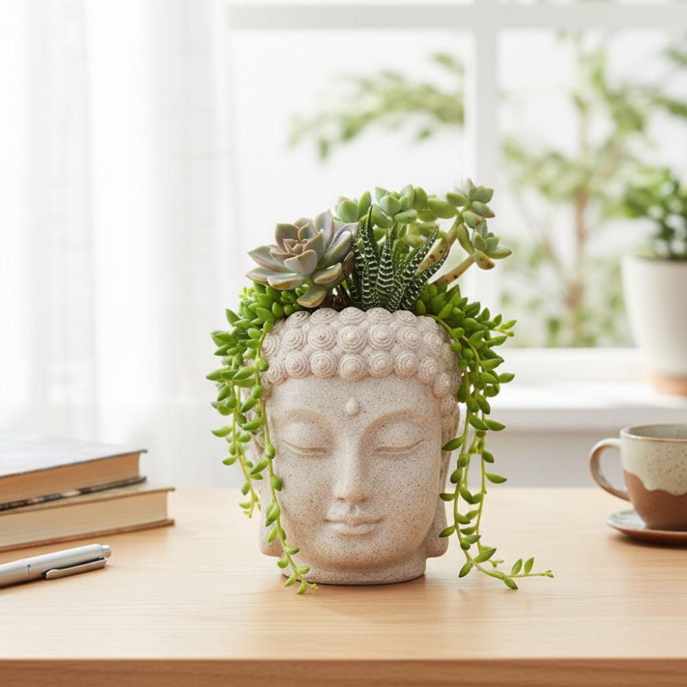 Resin Buddha Head Flower Pot Desktop Ornament Planter Statue Style Succulent Planter Modern with Drainage Hole Plant Container