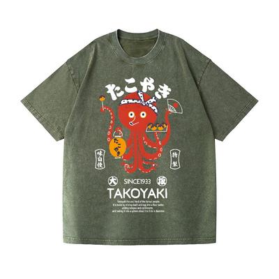 Men's Takoyaki Vintage Wash Japanese Design T-Shirt Funny October Printed Short Sleeve Round Neck Summer Heavyweight Tees